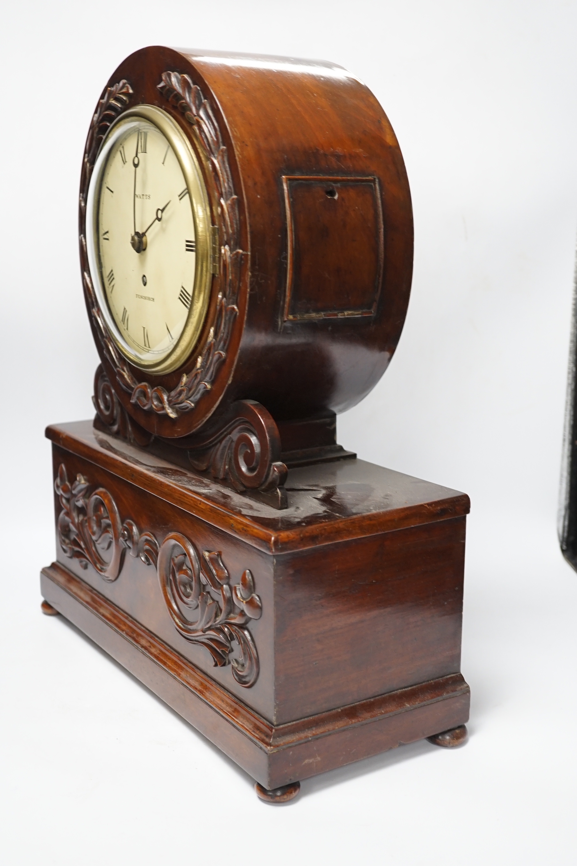 A 19th century mahogany mantel timepiece, enamelled dial signed Watts, Fenchurch, 48cm high